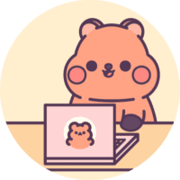 Cute logo of cartoon quokka smiling, sitting at laptop