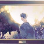 a solitary figure stands, back turned, in a field of lavender under a full moon