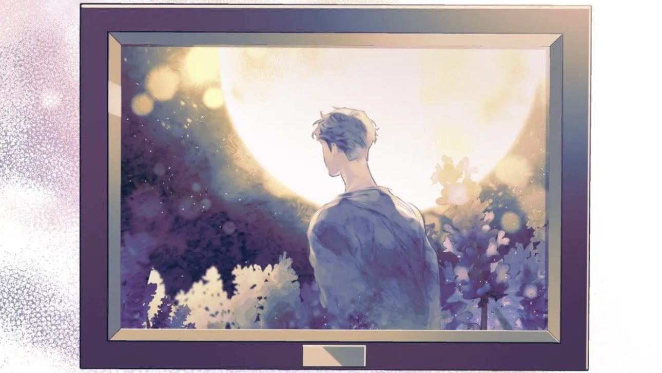 a solitary figure stands, back turned, in a field of lavender under a full moon